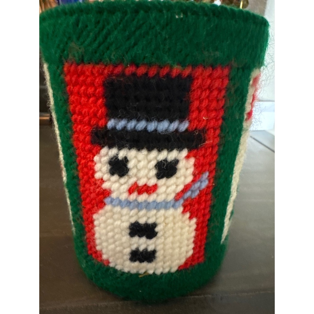 Vintage 1981 Handmade Needlepoint Christmas Snowman Angel Toy Soldier Green Cozy